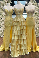 Strapless Hot A-Line Prom Dress with Keyhole Bodice Ruffle Skirt Slit and Lace Up Back