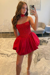 Strapless Red Lace Corset Homecoming Dress with Bubble Hem and Matching Choker