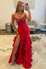 Strapless Red Prom Dress with Beaded Corset Bodice and Tiered Ruffle Skirt