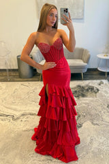 Strapless Red Prom Dress with Beaded Corset Bodice and Tiered Ruffle Skirt