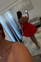 Strapless Red Ruffle Tiered Homecoming Dress with Front Bow Detail