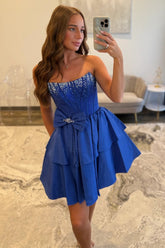 Strapless Royal Blue Tiered Homecoming Dress with Beading Bodice and Bow Detail
