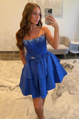 Strapless Royal Blue Tiered Homecoming Dress with Beading Bodice and Bow Detail