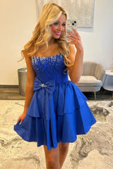 Strapless Royal Blue Tiered Homecoming Dress with Beading Bodice and Bow Detail