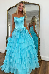 Strapless Tiered Princess A-Line Prom Dress with Slit and Bow