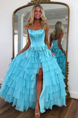 Strapless Tiered Princess A-Line Prom Dress with Slit and Bow
