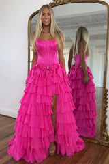 Strapless Tiered Princess A-Line Prom Dress with Slit and Bow