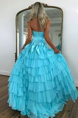Strapless Tiered Princess A-Line Prom Dress with Slit and Bow