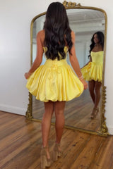Strapless Satin Mini Corset A-line Bubble Hem Floral Bow Homecoming Dress