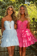 Chic Strapless Ruffle Tiered Chiffon Homecoming Dress with Front Bow
