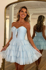 Chic Strapless Ruffle Tiered Chiffon Homecoming Dress with Front Bow