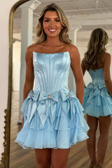 Strapless Ruffle Tiered Homecoming Dress with Satin Bows and Rhinestone Accents