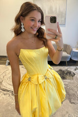 Strapless Satin Bubble Hem A-Line Homecoming Dress with Bow Accents