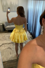 Strapless Satin Bubble Hem A-Line Homecoming Dress with Bow Accents