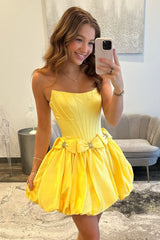 Strapless Satin Bubble Hem A-Line Homecoming Dress with Bow Accents