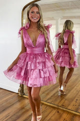 Stunning A-Line Silhouette with Deep V-Neck and Tiered Satin Skirt Homecoming Dress
