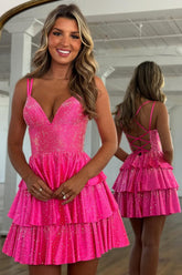 Stunning A-Line Double Spaghetti Straps Lace Up Layered Beaded Homecoming Dress