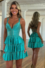 Stunning A-Line Double Spaghetti Straps Lace Up Layered Beaded Homecoming Dress