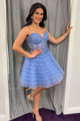 Stunning A-Line Short Tulle Dress with Sweetheart Neckline and Lace Up Back Homecoming Dress