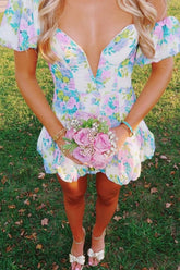 Trendy A Line Sweetheart Blue Printed Short Homecoming Dress with Bowknot