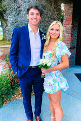 Trendy A Line Sweetheart Blue Printed Short Homecoming Dress with Bowknot