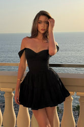 Stunning Black Off The Shoulder A-Line Mini Dress with Ruched Bodice