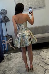 Stunning Floral Strapless Party Dress with Structured Corset and Flared A-Line Skirt