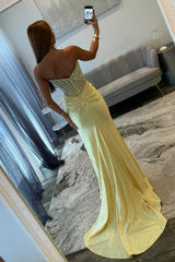 Stunning Glitter Yellow Strapless Beaded Corset Style Prom Gown With High Slit