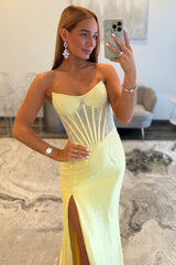 Stunning Glitter Yellow Strapless Beaded Corset Style Prom Gown With High Slit