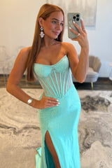 Stunning Glitter Yellow Strapless Beaded Corset Style Prom Gown With High Slit