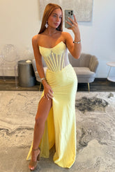 Stunning Glitter Yellow Strapless Beaded Corset Style Prom Gown With High Slit