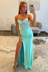 Stunning Glitter Yellow Strapless Beaded Corset Style Prom Gown With High Slit