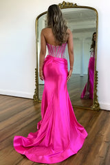 Stunning Hot Pink Mermaid Prom Dress with Beaded Top Long Satin and Slit