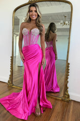 Stunning Hot Pink Mermaid Prom Dress with Beaded Top Long Satin and Slit