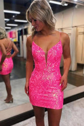 Stunning Hot Pink Spaghetti Straps Lace Up Tight Glitter Homecoming Dress