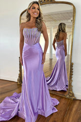 Stunning Lilac Satin Mermaid Prom Dress with Beaded Top and Sweep Train