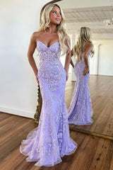 Stunning Mermaid Sweetheart Lace Up Lilac Long Corset Prom Dress with Appliques