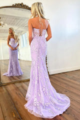 Stunning Mermaid Sweetheart Lace Up Lilac Long Corset Prom Dress with Appliques