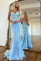 Stunning Mermaid Sweetheart Lace Up Lilac Long Corset Prom Dress with Appliques