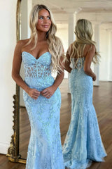 Stunning Mermaid Sweetheart Lace Up Lilac Long Corset Prom Dress with Appliques