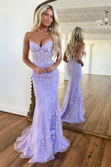 Stunning Mermaid Sweetheart Lace Up Lilac Long Corset Prom Dress with Appliques
