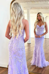 Stunning Mermaid Sweetheart Lace Up Lilac Long Corset Prom Dress with Appliques