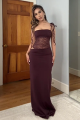 Stunning Mermaid Spaghetti Straps Brown Long Party Dress with Lace