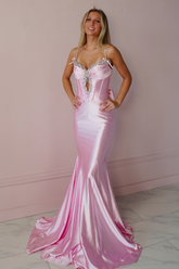 Stunning Mermaid Spaghetti Straps Pink Corset Prom Dress with Keyhole Beading