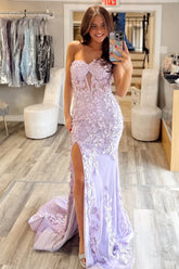Stunning Mermaid Style Lilac Gown with Embroidery and Front Slit Prom Dress