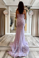 Stunning Mermaid Style Lilac Gown with Embroidery and Front Slit Prom Dress