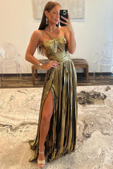 Stunning Metallic Halter Neck A-Line Prom Dress with High Leg Slit