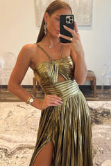 Stunning Metallic Halter Neck A-Line Prom Dress with High Leg Slit