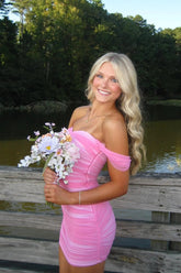 Stunning Off-Shoulder Ruched Pink Bodycon Homecoming Dress