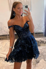 Stunning Off-Shoulder Sequin Lace Homecoming Dress with Corset Bodice and Tiered Skirt